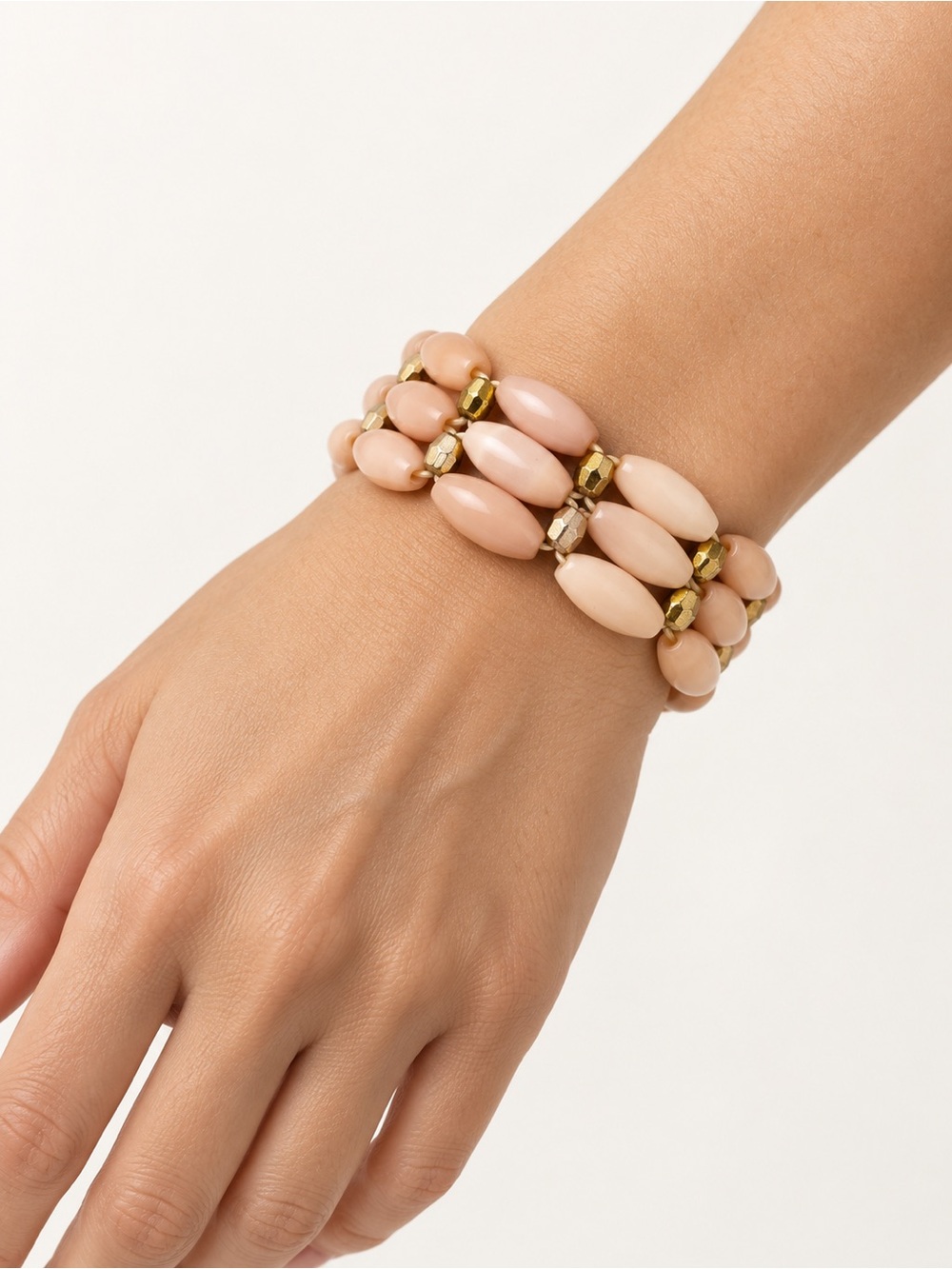 Triple-Strand Peach Bead Stretch Bracelet with Gold Accents